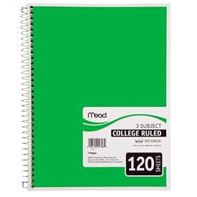Mead Spiral Notebook, 3-Subject, 120-Count, College Ruled, Green (05748)