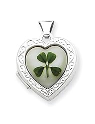 Sterling Silver Mother of Pearl with 4 Leaf Clover 2-Frame Heart Locket