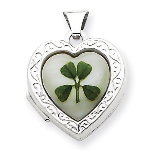 Sterling Silver MOP with 4 Leaf Clover 2-Frame Heart Locket
