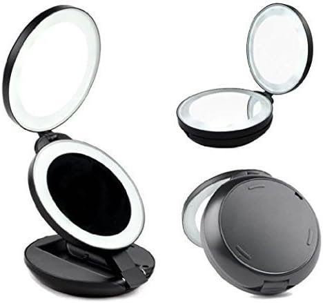 AlierKin LED Lighted Travel Makeup Mirror, Compact Double Sided Folding Handheld Mirror Magnifies 10x on One Side and 1x on the other by AlierKin