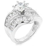 Wide and Wonderful Sterling Silver Engagement Ring, Designed with High Quality Round-Cut Colorless Cubic Zirconia Center Stone and Adorned with Baguette CZ Side Stones, Limited-Time Sale Offer, Comes with Free Gift Pouch and Gift Box