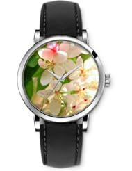 SPRAWL Aanalog Fashion Series Silver Ladies Watches of Genuine Black Leather Strap,Unique Wrist Watch for Women Girls Designed with white Flowers