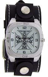 Silver Five Skull in Cross Form Leather Wide Band Trendy Fashion Design Steel Dial Gothic Punk Biker Wristband Watch