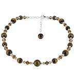 Tiger Eye Beads Swarovski Crystal Sterling Silver 16 18 20 22 24 Necklace with Lobster Clasp