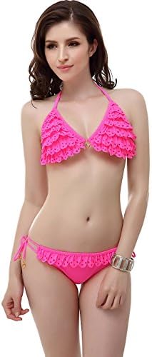 Miss Adola Women's "Jenn" Hot Pink Ruffle Lace Triangle String Bikini Set - S