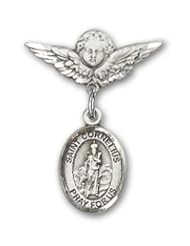 Sterling Silver Baby Badge with St. Cornelius Charm and Angel with Wings Badge Pin
