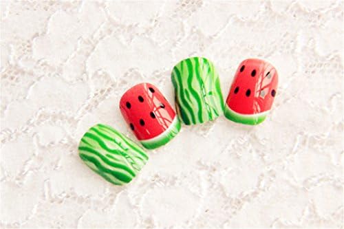 Art Designed Glossy Plastic False Nails With Dark Fresh Watermelon Fruits With Stickers 24 PCS