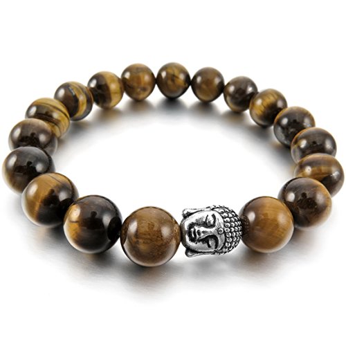 Men,Women's 10mm 12mm Alloy Bracelet Link Wrist Tiger Eye Brown Silver Buddha MalaBeads