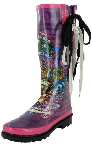 ED HARDY Christian Audigier Womens Seattle Rain Boots Rubber Shoes Wellies Tattoo
