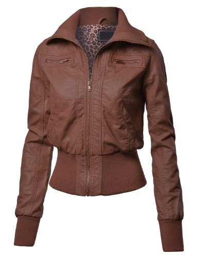 LE3NO Womens Edgy Faux Leather Zip Up Bomber Jacket with Front Pockets