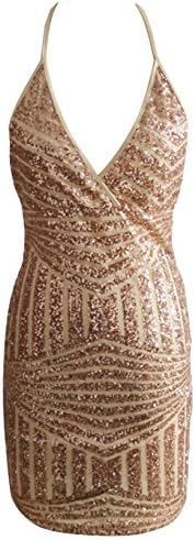 CityCloverBek Women's Fashion Adult Halter Backless Sequins Clubwear Dress Gold M