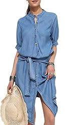 Denim/Viscose Elbow Length Sleeves Shift Lace Belted  Shirt  Dress
