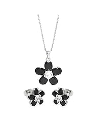 Nickel Free Sterling Silver Necklace & Earring Sets Black Cubic Zirconia Stones Flower Set Pendant 19Mm Earring 10Mm Chain Adjustable 16"-18"