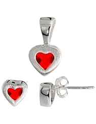 Sterling Silver Matte-finish Heart Earrings (7mm tall) & Pendant (13mm tall) Set, w/ Princess Cut Ruby-colored CZ Stones