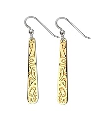 14K Yellow Gold Northwest Coast Native American Wolf Paddle Earrings. Made in USA.