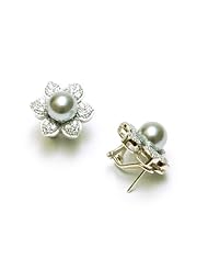 Sterling Silver 8mm Light Gray Shell Pearl and Cubic Zirconia Flower Earrings