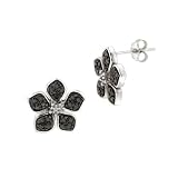 Sterling Silver Black-Diamond Flower Earrings