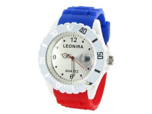 Damenuhr Silikon Small Face Doppel Strass Big Face Armbanduhr Watch Uhr Leonira Quarzuhr Datum (UR-36 blau weiß rot)