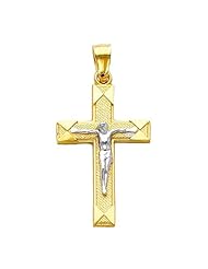 14K Yellow and White 2 Two Tone Gold Jesus Cross Religious Charm Pendant