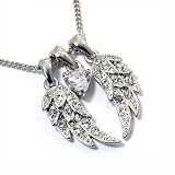 Beautiful Double Angel Wings & CZ Heart Charm Necklace with ICE Crystals Silver Tone ~ Comes Gift Boxed