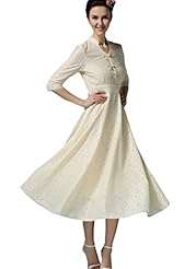 V-neck Vintage Lace Elbow Length Sleeves  Dress