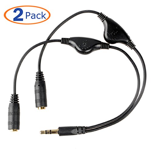 Conwork 2-Pack 3.5mm Stereo Male to Dual Female Audio Headphone / Headset Y Splitter Cable with Volume Control Switch