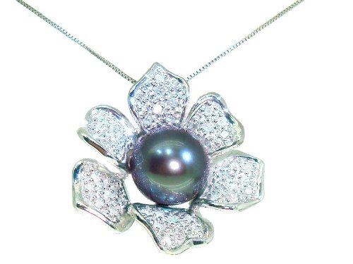 0.35ctw Diamonds and 9mm Tahitian Pearl Necklace In 14kt White Gold 0.35ctw Diamonds and 9mm Tahitian Pearl Necklace In 14kt White Gold