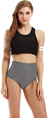 Leslie McDevitt ® Womens High Waist 2 Piece Bikini Swimsuit Spa Swimsuit Black Stripe X-Large