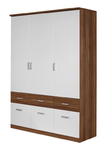 Rauch A5991.0R96 Dreht&uuml;renschrank Bremen-Extra / 3-t&uuml;rig / B 136 H 199 T 56 cm / Front: alpinwei&szlig;, Korpus und Absetzungen,  nussbaum Dekor