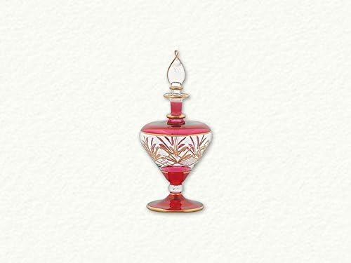 Red with Gold Etch Pattern Fancy Cut Egyptian Blown Glass Perfume Bottle