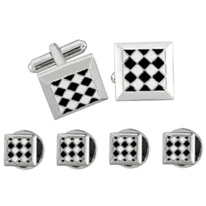 Square Shaped Tuxedo Stud Set with Black and White Checked Pattern