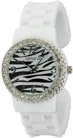 Crystal Embellished Bangle Style Watch w/ Zebra Print Design- White