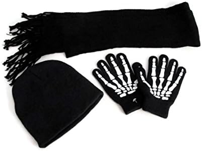 Boys Youth Gripper Skeleton Mittens Beanie Fringe Scarf Three Item Bundle