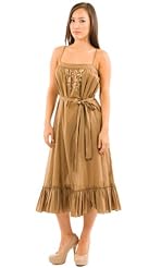 Floral Print Knee Length Belted Gathered  Embroidered Fitted Pleated Natural   Waistline Cotton  Dress With a Sash  and Ruffles