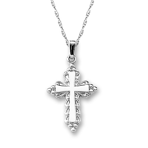 14k White Gold Solid Embossed Fancy Cross w/ Rope Chain, 18