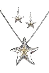 Two Tone Hammered Starfish Necklace Magnetic Pendant Earrings & Popcorn Chain By Jewelry Nexus