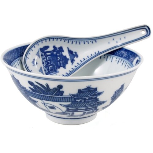 White Porcelain Temple and Pine Bowl and Spoon Set, 8 Piece