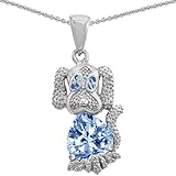 CANDYGEM 14k White Gold Plated 925 Sterling Silver 1inch Dog Lover Puppy of Love Heart Pendant with 2cts of Simulated Aquamarine. Free 18inch Gold Plated Silver Chain. Free High End Gift Box.