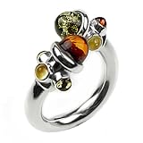 Certified Genuine Multicolor Amber and Sterling Silver Adjustable Designer Ring, Size 5