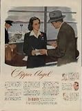 Clipper Angel - As Pan American Clipper lifts its streamlined hulk and heads out over the Atlantic, Miss Yolanda Floripe gives it a mental pat on the wings. Passenger Service Representative, she has been guardian angel to its passengers, making schedules, reservations, acting as interpreter, hostess, guide and problem-solver. Before the war it was a man's job. Today, Miss Floripe is doing it to release a man for military service. ..... 1944 DuBarry Beauty Preparations Ad, A4787.