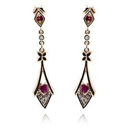 14k Yellow Gold Ruby and Diamond Dangle Earrings