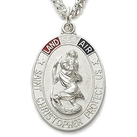 Sterling Silver 1"Oval Engraved Multi-Color Enameled Military Medal w/ St. Michael on 24" Chain