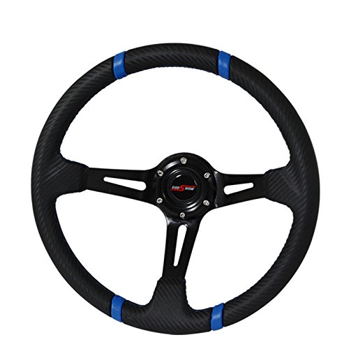 reviews 350mm Deep Dish Steering Wheel 6 Bolt Universal Custom (Black Blue/ Carbon Finish)