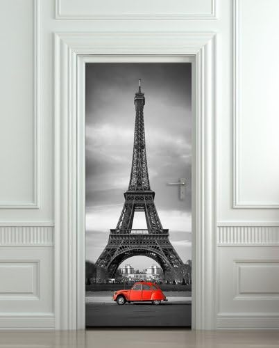 Door LAMINATED STICKER Eiffel Tower Red Car Paris mural decole film self-adhesive poster 30x79"(77x200 cm)