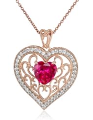 Sterling Silver Pink Gold Flash Plating Heart Shape Created Ruby Round Created White Sapphire Heart Pendant Necklace, 18"