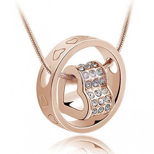 DDU(TM) 1Pc Gold- Unique Love Heart Ring Shape Crystal Rhinestone Pendant Neck Chain Necklace Valentine's Day Gift