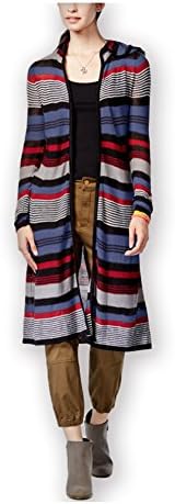 Planet Gold Junior's Multi Stripe Open Front Long Hooded Cardigan Sweater, Red Winest, Large