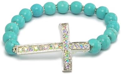 Stretchable Sideways Cross Bracelet With Faux Turquoise Beads &amp; Crystal Cross