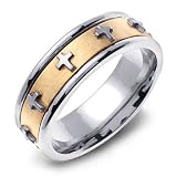 14K Two-Tone Gold Christian Cross Handmade Wedding Band Ring