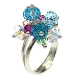 Pastel Ocean Blue Cluster Multi-Colored Faceted Swarovski Crystal 925 Sterling Silver Finger Ring - Adjustable Size 6,7,8,9